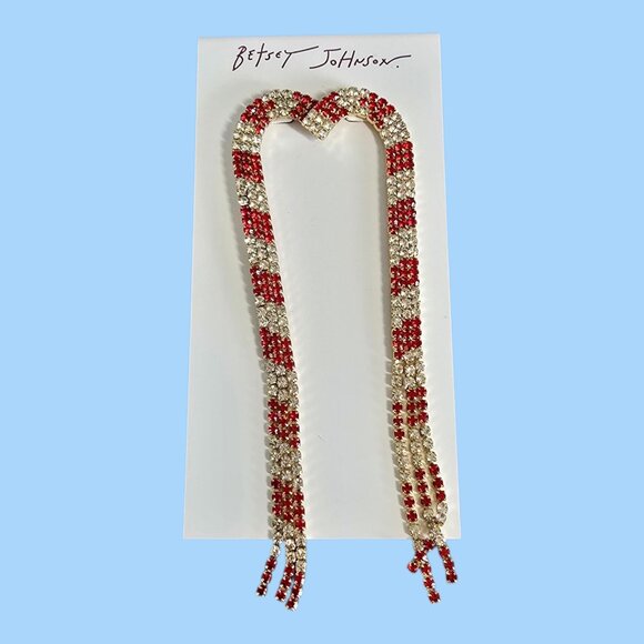 Betsey Johnson Long Candy Cane Red & White Rhinestone Dangle Earrings 5" Long - Picture 1 of 5